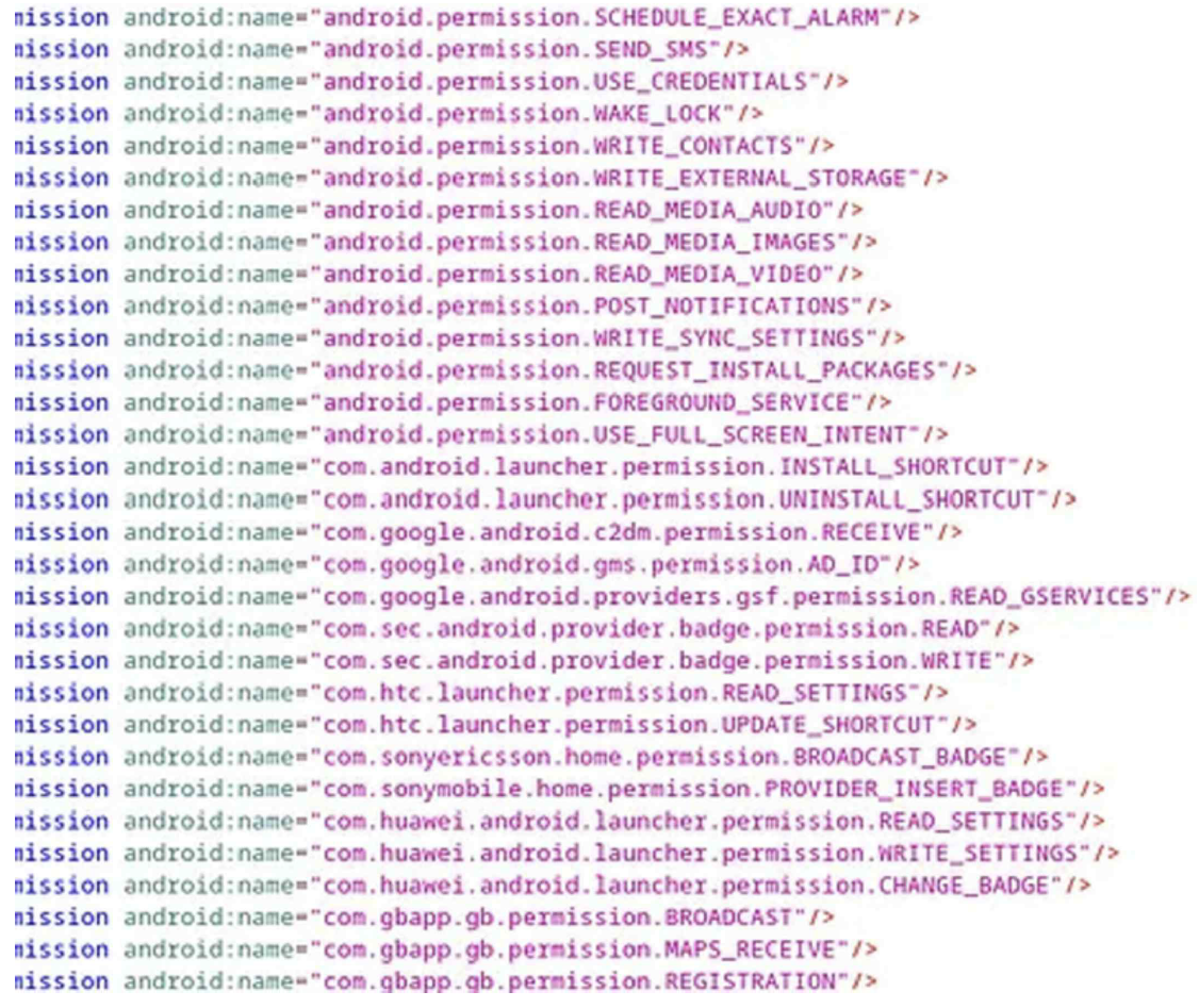 그림 44. 해당 APK의 과도한 권한 요청(1)