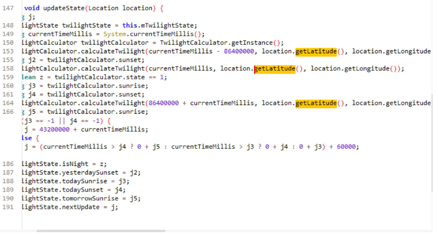 그림 73. 해당 APK의 기기 위치 정보 수집, 일몰/일출 계산 기능