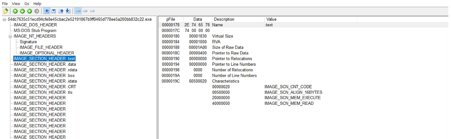 그림 98. 각 IMAGE_SECTION_HEADER의 모습