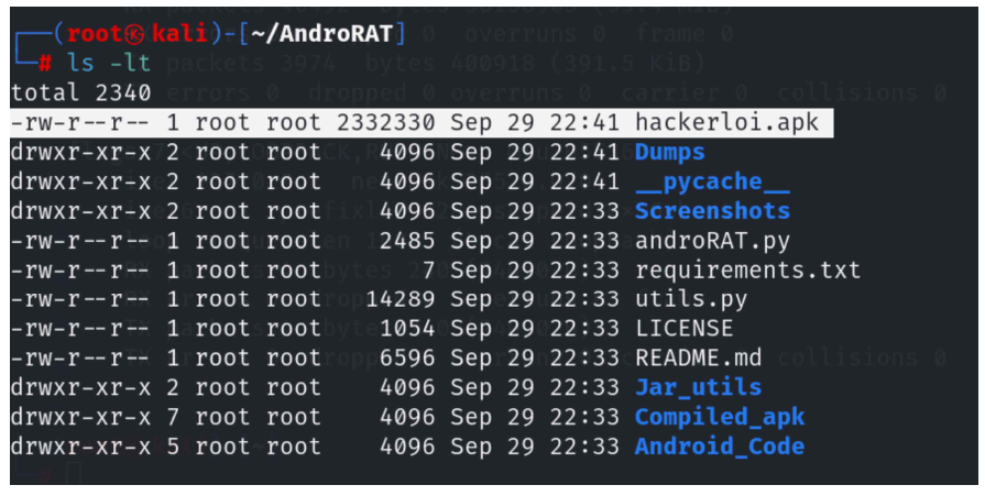 그림 115. ls -lt 명령어로 hackerloi.apk 툴 생성 확인