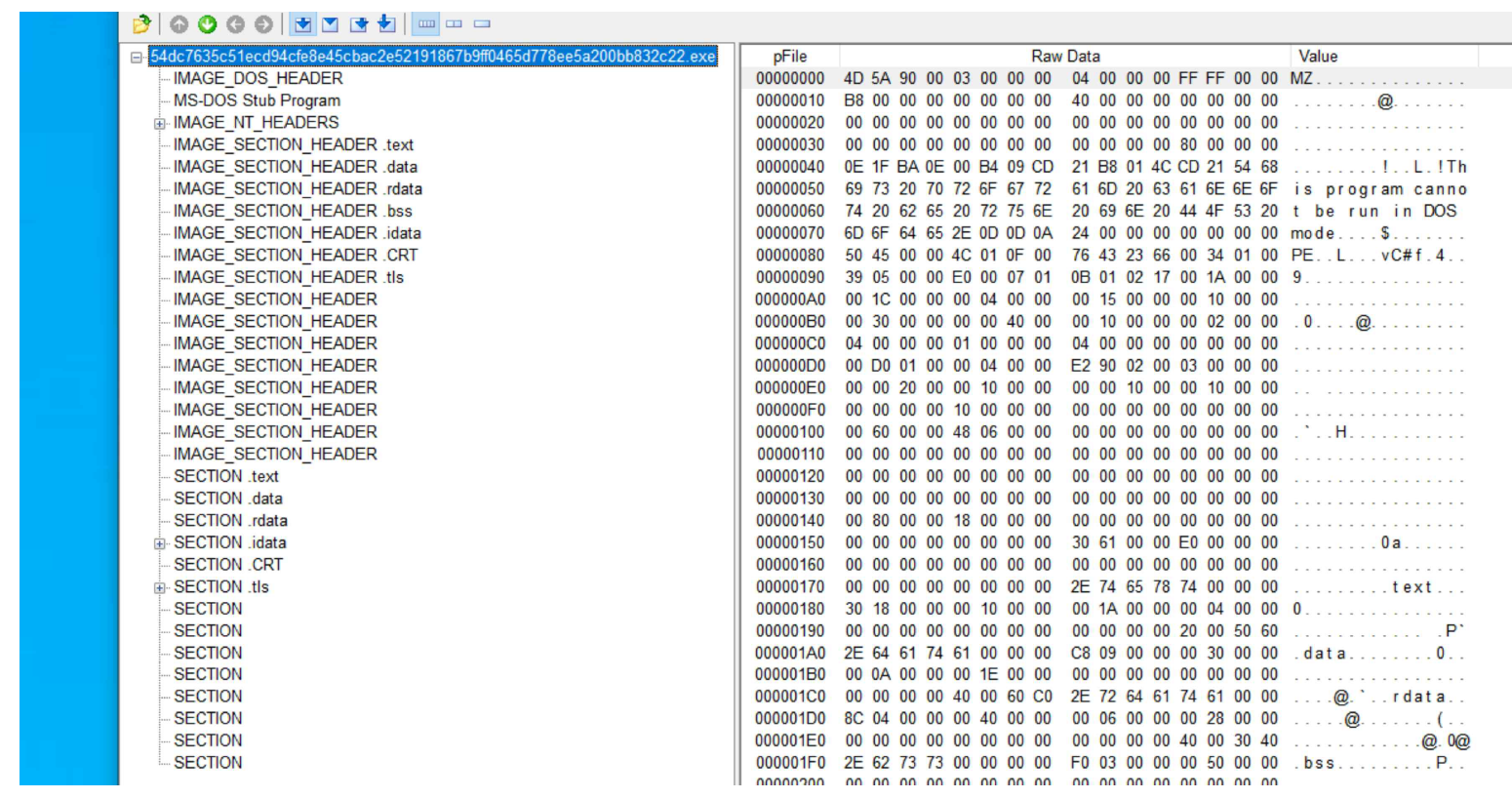 그림 89. PEView 프로그램으로 악성코드 파일을 연 모습