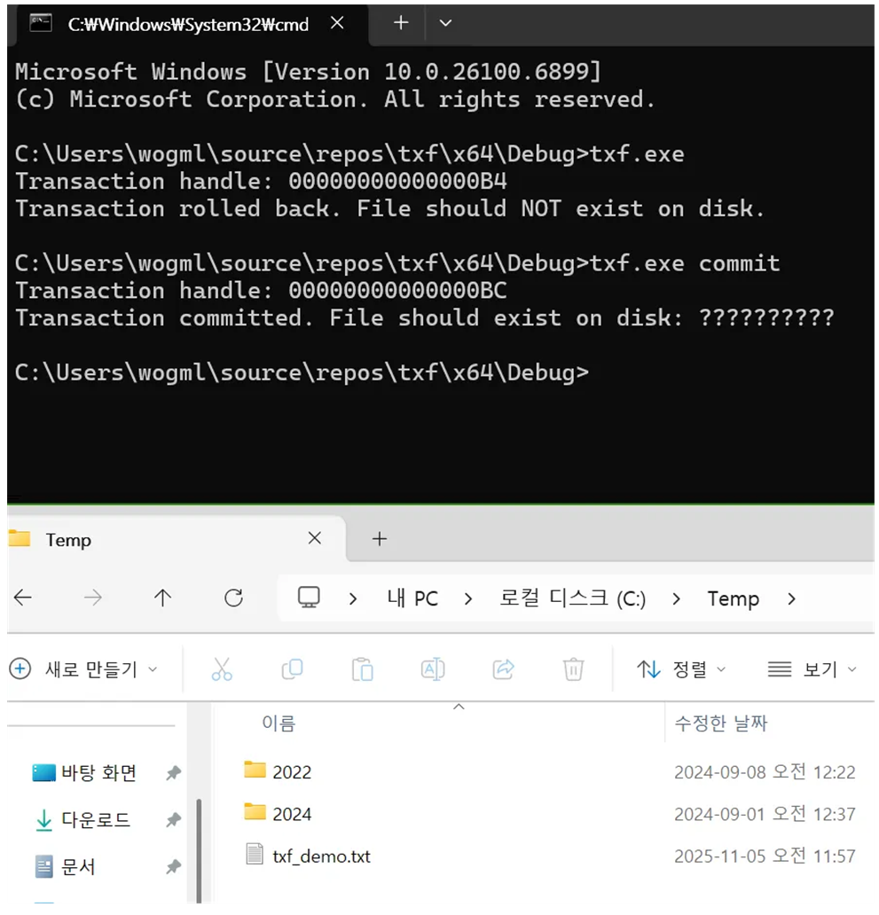 그림 51. exe commit 명령어를 사용 후 디스크에 파일이 존재하는 모습