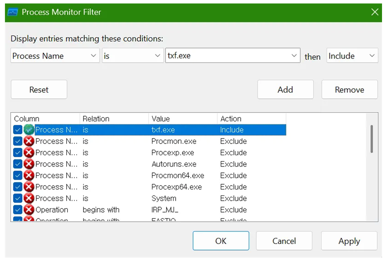 그림 53. TxF 로그만 확인하기 위한 설정