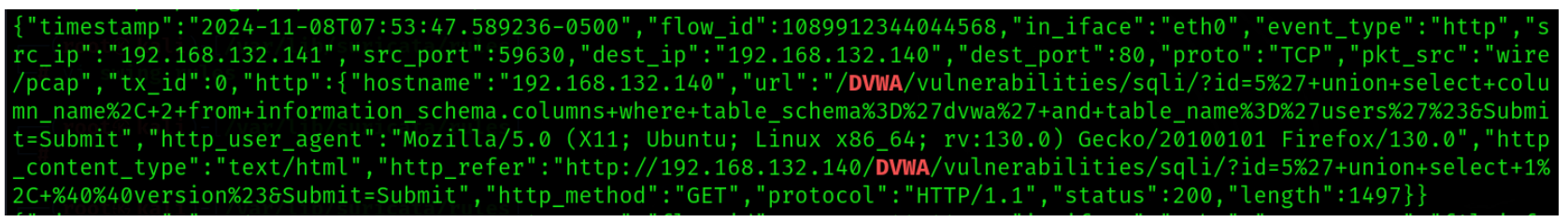 그림 25. Suricata EveJSON 로그 - SQL Injection 탐지 기록)
