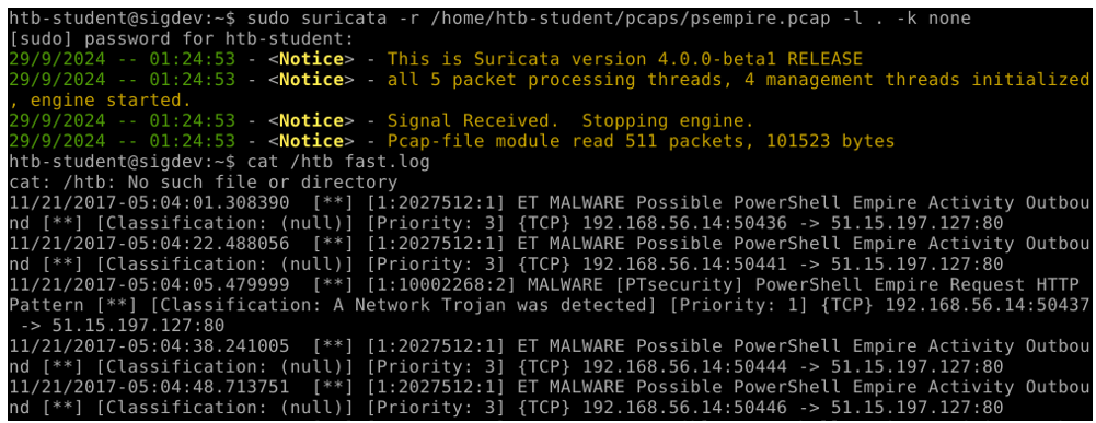 그림 28. Suricata PCAP 분석 결과 - PowerShell Empire 탐지