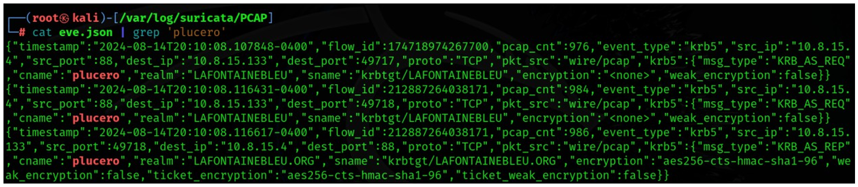 그림 35. Suricata Kerberos 트래픽 탐지 로그(eve.json)
