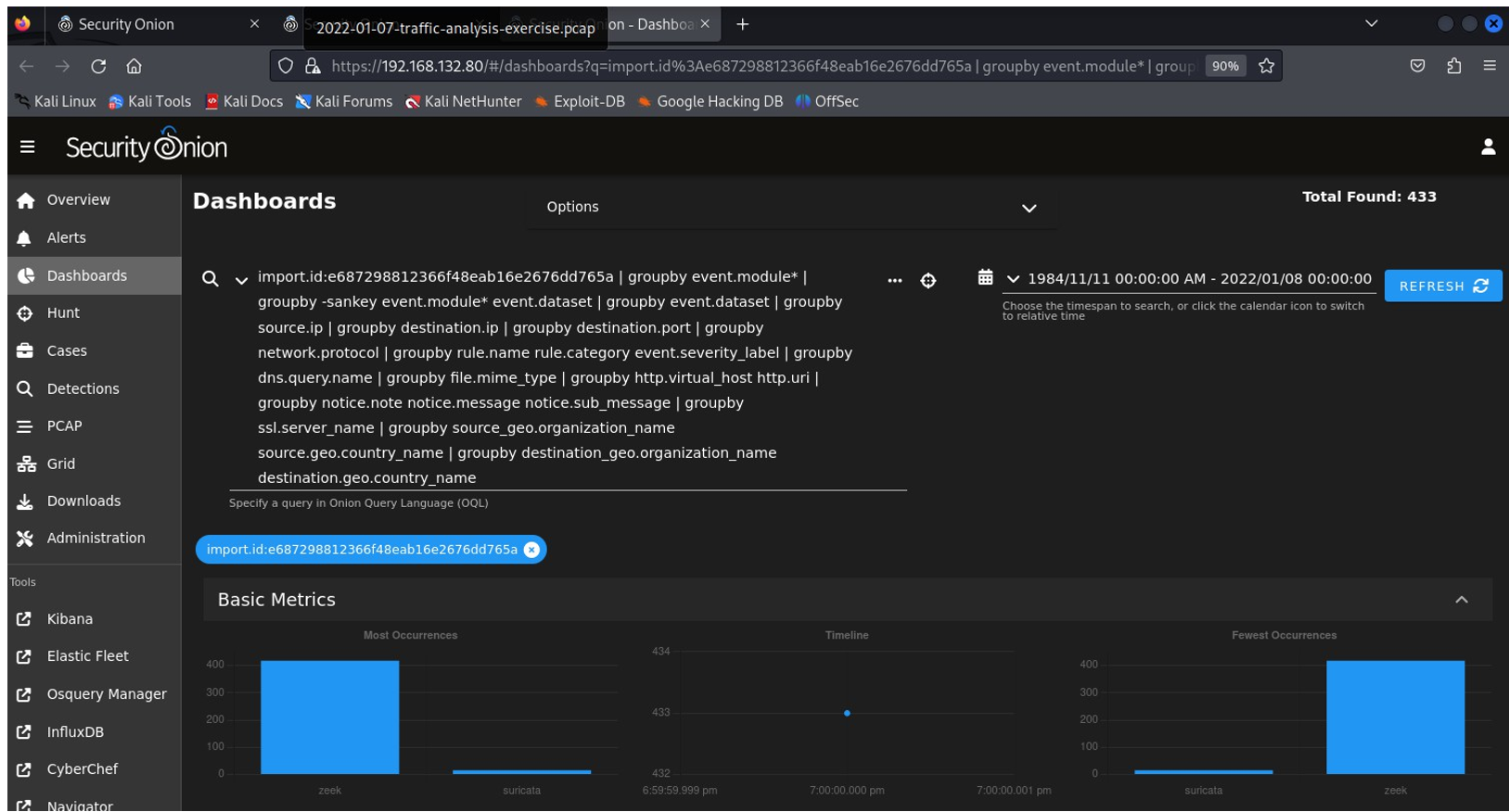그림 40. Security Onion Dashboard를 통한 PCAP 분석 결과 확인