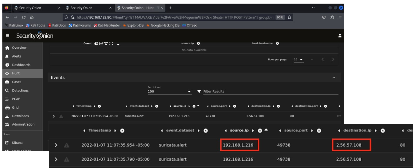 그림 42. Security Onion Hunt – Vidar/Oski Stealer C2 통신 세션 추적
