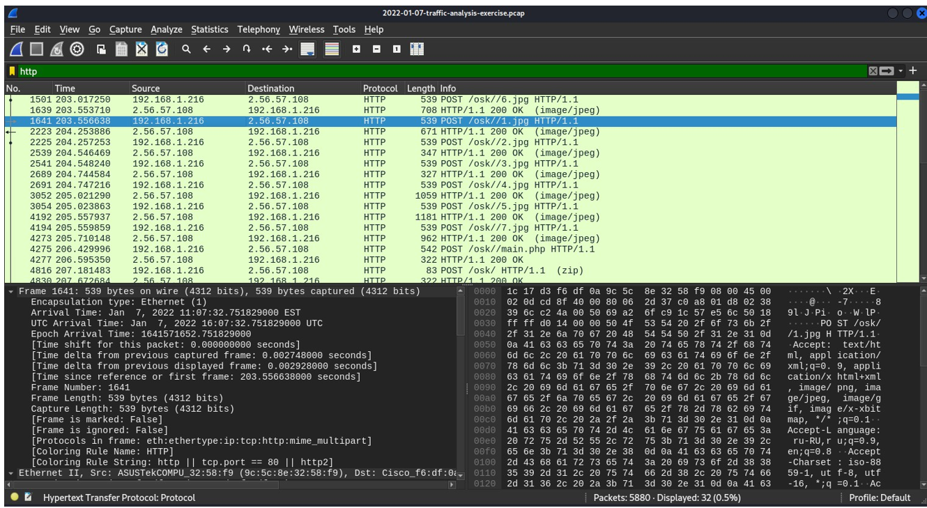 그림 43. Wireshark 분석 – Vidar/Oski Stealer 악성 HTTP POST 트래픽 확인