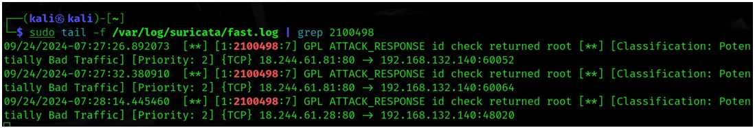 그림 17.Suricata fast.log 탐지 결과 (UID 반환 공격 응답)