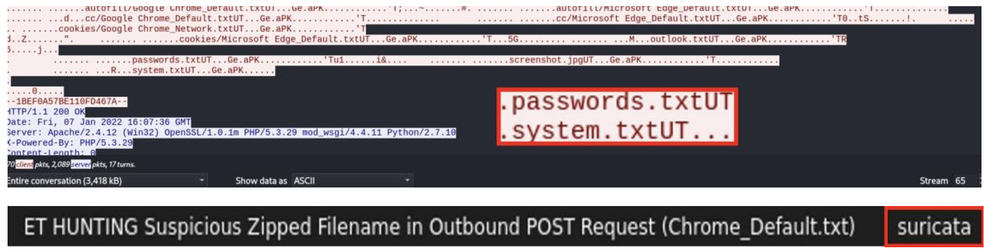 그림 48. 악성 POST 요청 내 민감 데이터 정보 (passwords.txt, system.txt)
