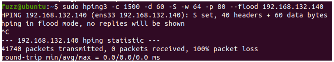 그림 19. hping3를 이용한 TCP SYN Flood 공격 실습