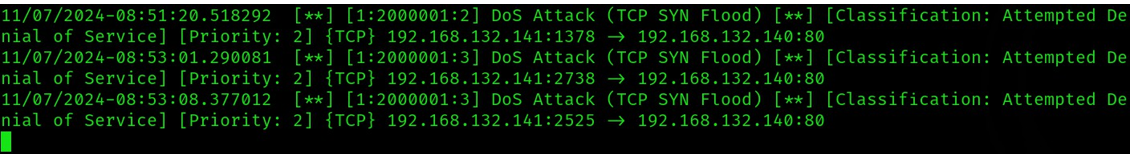 그림 20. Suricata 로그 탐지 결과(TCP SYN Flood 공격)