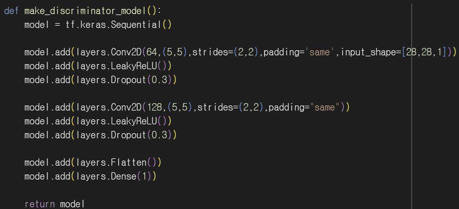 그림 22. DCGAN 판별자 모델 정의 코드