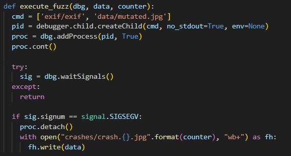 그림 7. Fuzzer 구현 – 대상 프로그램 실행 및 충돌 감지 단계 코드