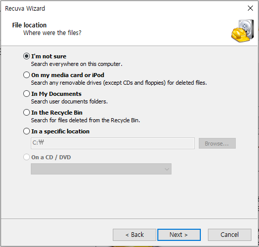 그림 7. [Recuva 파일 경로 설정]