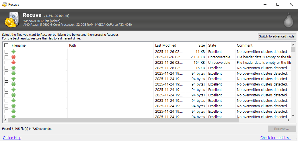 그림 9. [Recuva 스캔 결과]