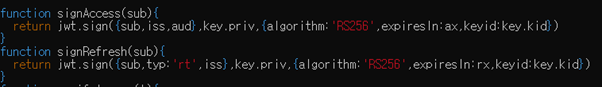그림 18. [RS256으로 Access/Refresh 토큰을 서명하는 signAccess/signRefresh 코드]