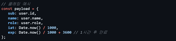 그림 8. [sub·name·role·iat·exp 클레임을 담은 JWT 페이로드 예시]