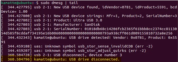 그림 20. USB를 연결 해제 로그 메시지 확인