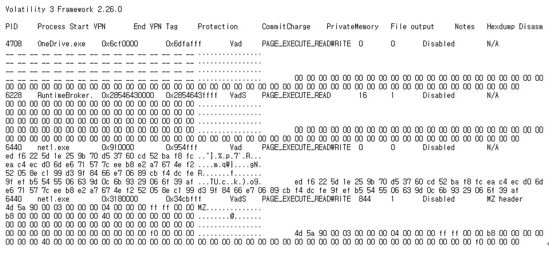그림 33. malfind 명령어 실행 결과