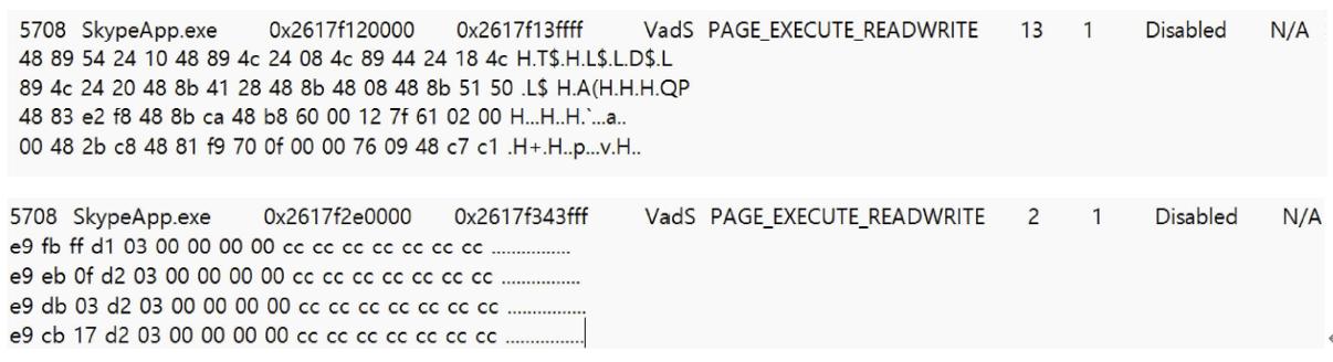 그림 87. SkypeApp.exe 메모리 영역에서 발견된 RWX 권한 및 의심 코드 패턴