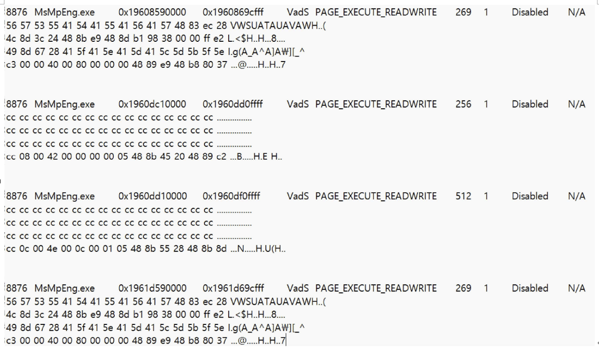 그림 88. MsMpEng.exe메모리 영역에서 발견된 RWX 권한 및 반복적 코드 패턴