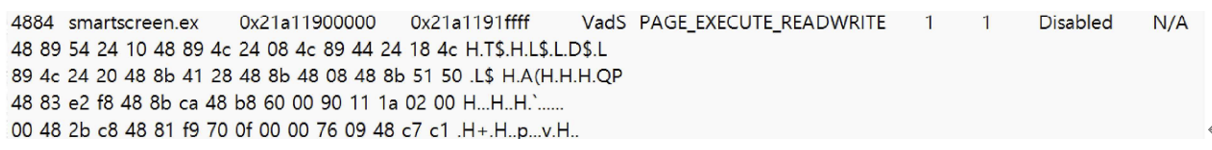 그림 90. RuntimeBroker.exe 메모리 영역에서 확인된 비정상 코드 패턴