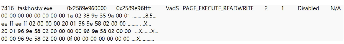 그림 91. smartscreen.exe 메모리 영역에서 발견된 RWX 권한 및 인젝션 패턴